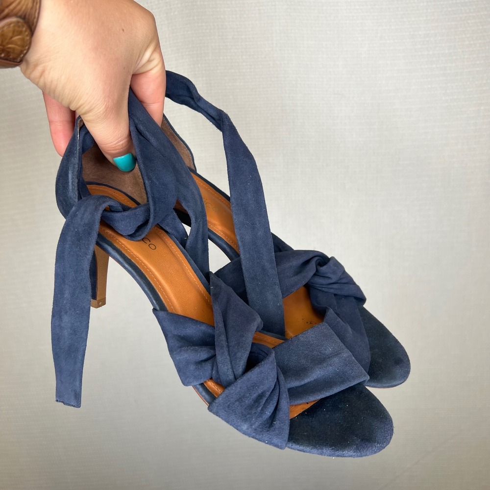 Klub Nico Navy Blue Suede Ankle Tie Knot Stiletto Sandals Heels Size 9M Brazil